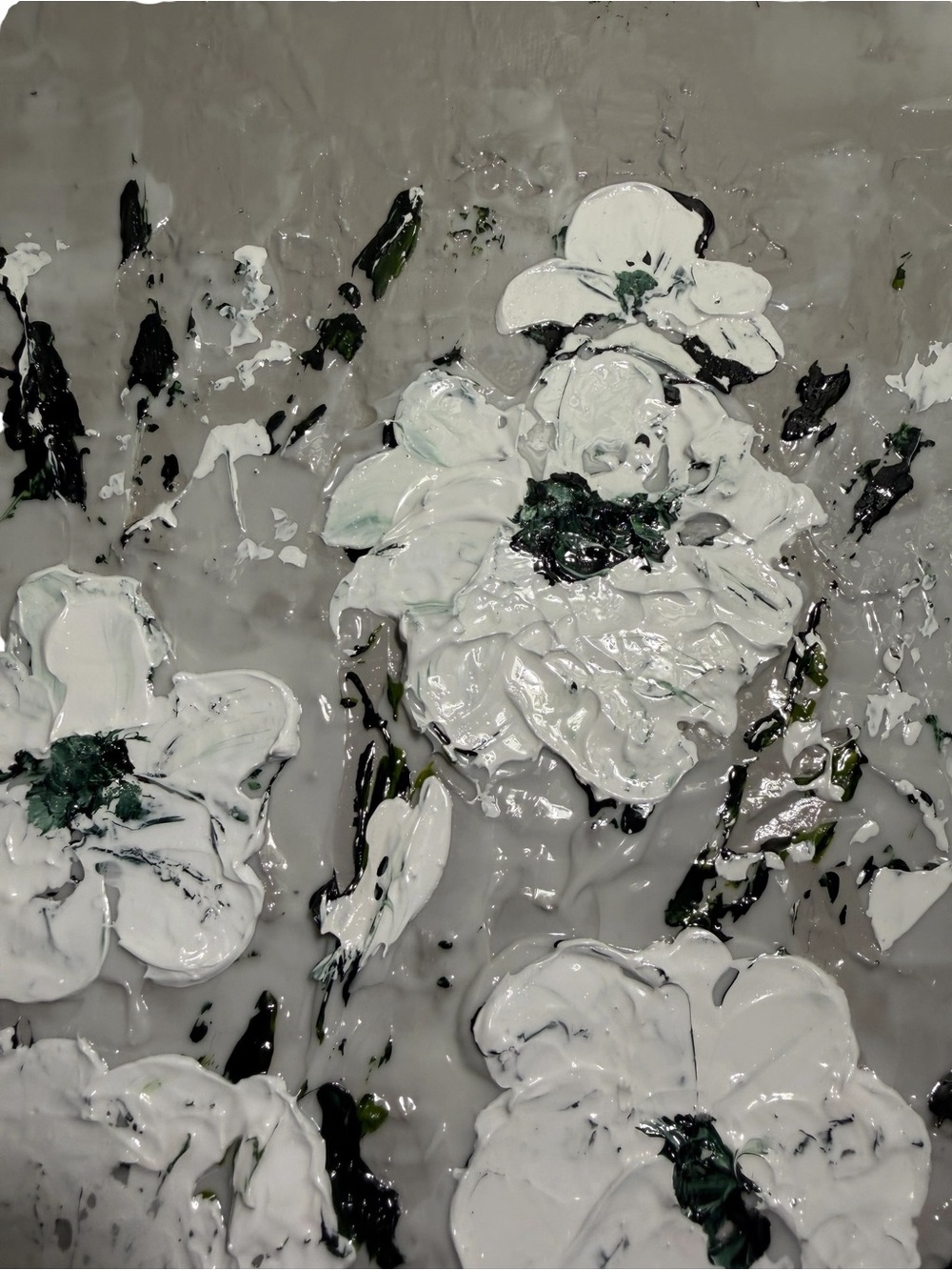 Original Artwork Blooms Textured White with Dark Green on Gray 16 x 20" - Picture 5 of 16